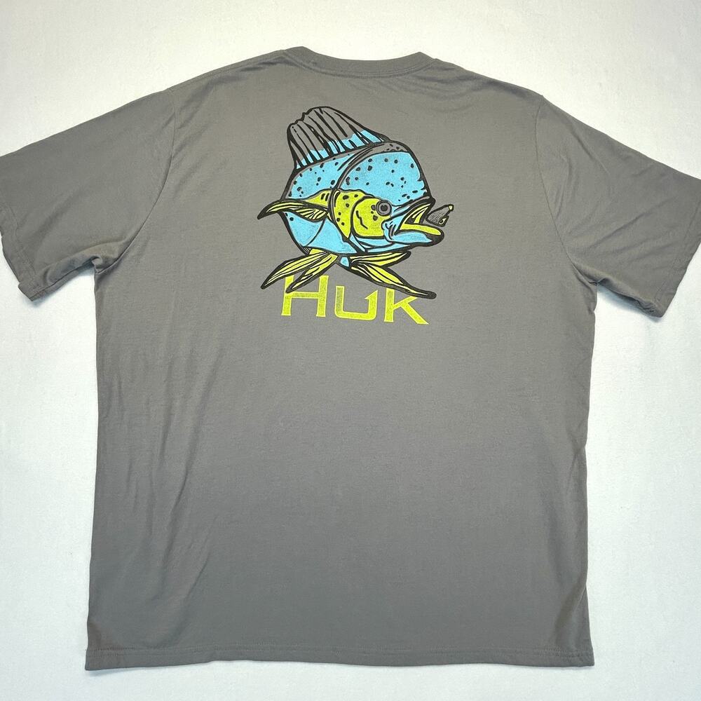 Huk Mahi T-Shirt Mens XL Gray Dolphin Fish Aloha Tee Short Slv Cotton Blend T